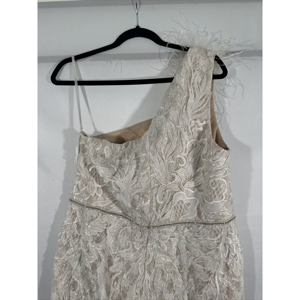 NEW $798 Mac Duggal [ 12‎ ] Lace Embellished Feather One Shoulder Gown Ivory - Picture 15 of 16
